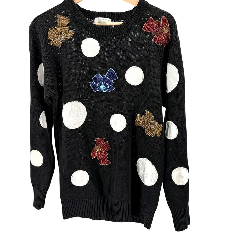 Vintage 80s Eminent Black Beaded Bow Polka Dot Oversized Sweater